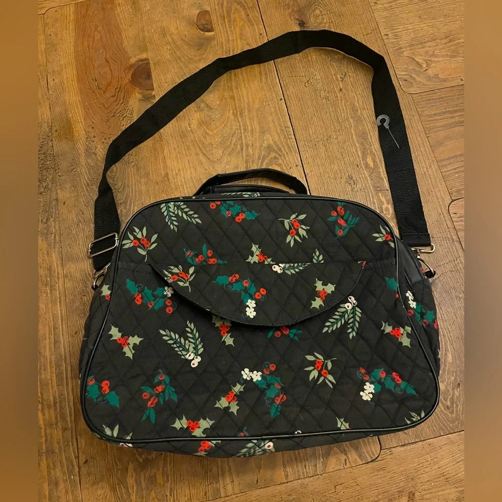Quilted Women's Bag Black with Green, Red & White Floral Design